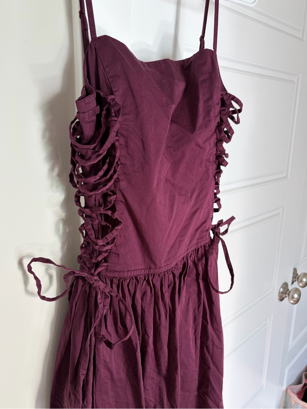 Lace-Up Spaghetti Strap Midi Dress in Deep Plum